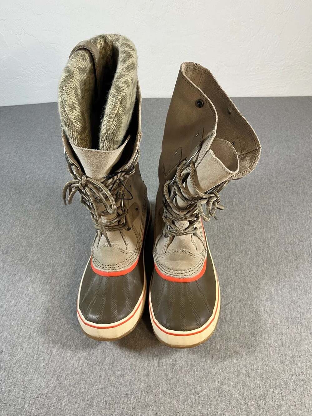 Sorel Joan Of Arctic Winter Boots Tan Suede Waterproof Knit Cuff Women’s Size 10
